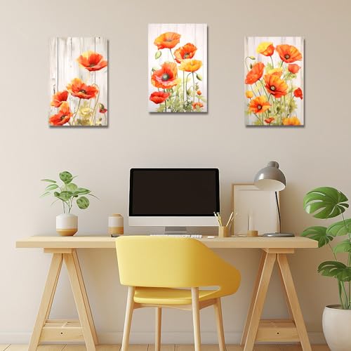 LZIMU Elegant Poppies Canvas Wall Art 3 Pieces Orange Poppy Flower Blossom Picture Prints Rustic Wood Background Artwork for Bathroom Office Kitchen Decor Framed (Poppy-1 - Image 3