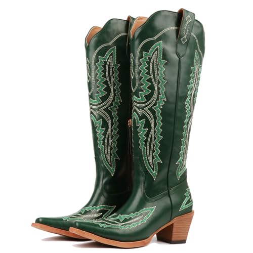 Meefit Cowboy Boots for Women Knee High Cowgirl Boots Pointed Toe Chunky Heel Western Boots Retro Country Boots Vintage Tall Boots(Green US9)