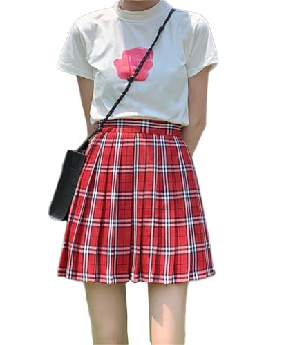 Beautifulfashionlife Women's Japan School Solid Pleated Uniform Fancy Skirts (S,Red White)