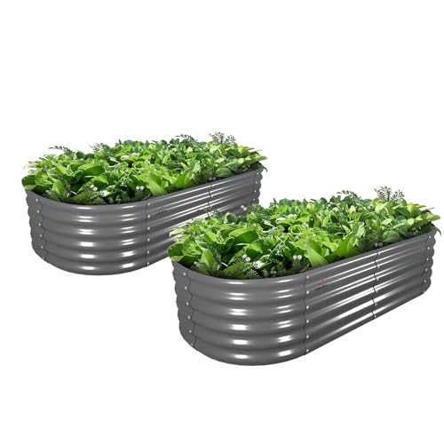 A ANLEOLIFE 2 Pcs 6X2X1.5 ft Oval Round Galvanized Raised Garden Beds Outdoor for Planting Vegetables Flowers Herb, Quartz Grey