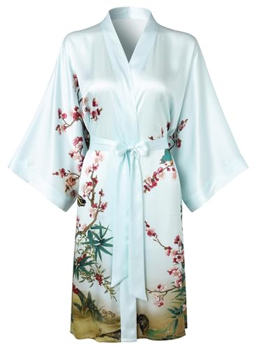 Image of Women's Silk Kimono Robe Short Bathrobe Nightgown 100% Mulberry Silk for Women - Classic Floral Pattern