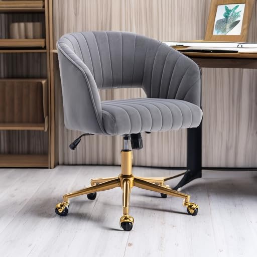 Image of Eifizek Velvet Office Desk Chair, Modern Adjustable Home Desk Chair with Wheels, Swivel Vanity Chair for Bedroom, Office, Vanity Study (Grey)
