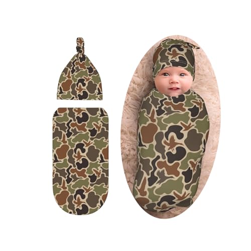 Image of Camo Hunting Baby Stuff Newborn Swaddle Blanket with Beanie Set, Soft and Stretchy Baby Blanket Swaddle Sack for Boy and Girl
