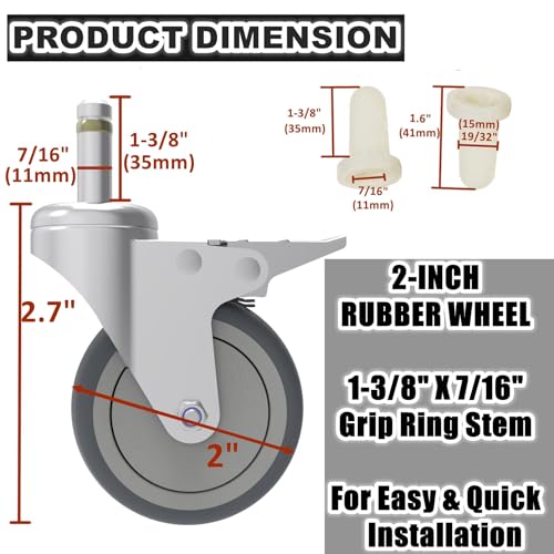 Image of 2-Inch Swivel Stem Caster, 7 /16-Inch Diameter Grip Ring Stem Rubber Wheel, Thermoplastic Rubber TPR Replacement Wheels - 4 Pack(2 Brakes 2 Swivel)