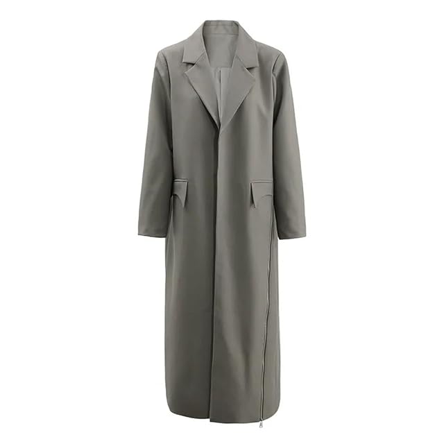 Women Gray Lightweight Trench Coat with Zipper Pockets Single Breasted Slim Outerwear for Spring