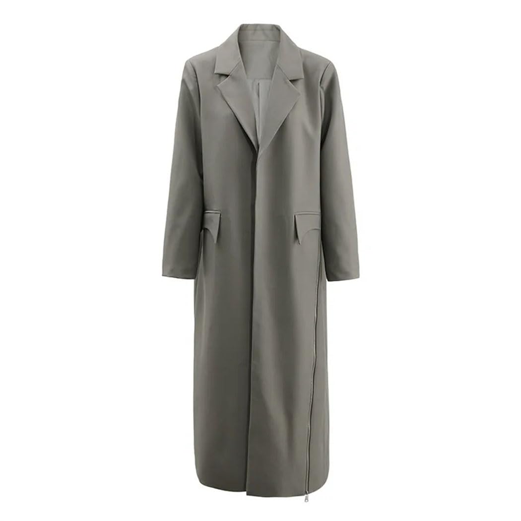 Women Gray Lightweight Trench Coat with Zipper Pockets Single Breasted Slim Outerwear for Spring