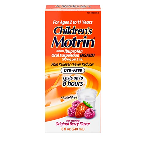 Image of Motrin Children's Oral Suspension 100mg Ibuprofen Medicine, NSAID Fever Reducer & Pain Reliever for Minor Aches & Pains Due to Cold & Flu, Dye Free, Alcohol-Free, Berry Flavored, 8 fl. oz