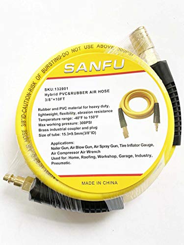 SANFU Hybrid PVC/Rubber Lead-in Air Hose 3/8”ID x 10ft, 300PSI Durable, Lightweight, with 1/4” Immovable Industrial Quick Brass Coupler and Plug, Bend Restrictors, Yellow(10\')