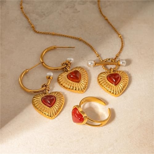 Bijoux cœur agate rouge en acier : parure collier, bague et boucles