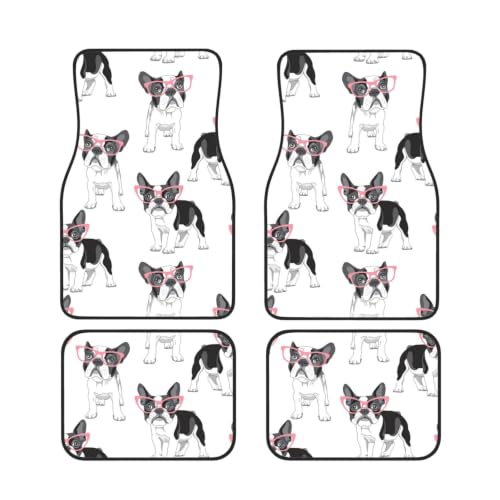 Alfombrillas para coche de bulldog francés con gafas rosas juego de 4 piezas antideslizantes