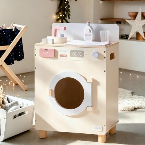 ROBUD TOY Washing Machine Kitchen Playset Wooden Kids Washer with Iron Laundry Bag & Accessories Toddler Pretend Play Kitchen Gift for Boys & Girls Age 3+