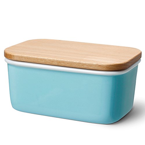 Sweese 301.102 Large Butter Dish - Porcelain Keeper with Beech Wooden Lid, Perfect