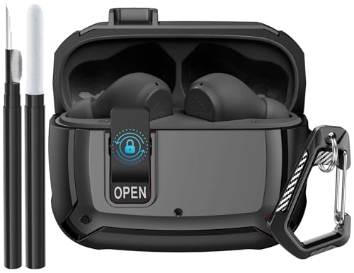 Compatible JBL Vibe Beam/Beam 2 Case 2025 Lock Clip for Men Women Military Shell JBL Vibe Beam/200TWS Cover Protective Armor Skin with with Cleaner Kit & Carabiner Black