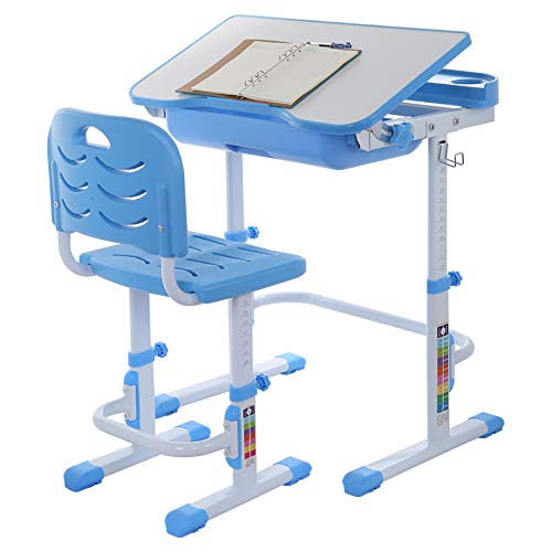 CEspace Children Study Desk Chair Set - Adjustable Height, Anti-Pinch Stopper, Tilted Surface, Multi-Storage Design, Multi-Function Study Desk and Chair (Blue)
