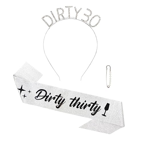 Semato Silver 30th Birthday Sash & Rhinestone Dirty 30 Birthday Headband Kit Dirty 30 Birthday Decorations for Her
