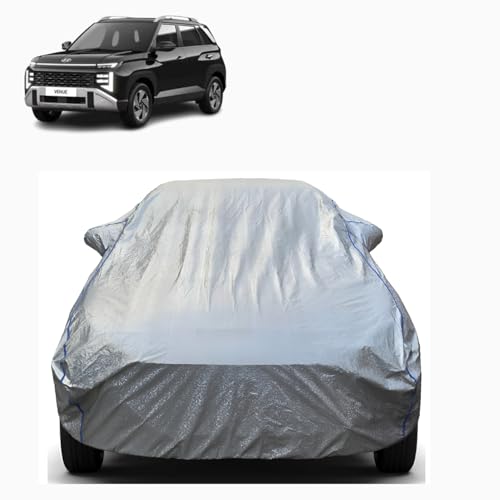 Image of Waterproof Car Body Cover for Hyundai Venue (2015-2026) with Mirror Pocket, UV Protection, Buckle Belt, 100% Water-Resistant (Silver)