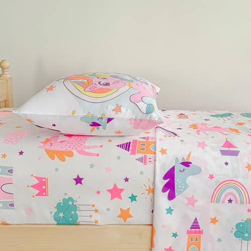 Image of Tailor Shop 4 Pieces Toddler Unicorn Bedding Toddler Unicorn Comforter for Girls Bed in A Bag Includes Quilted Comforter Fitted Sheet Top Sheet and Pillow Case
