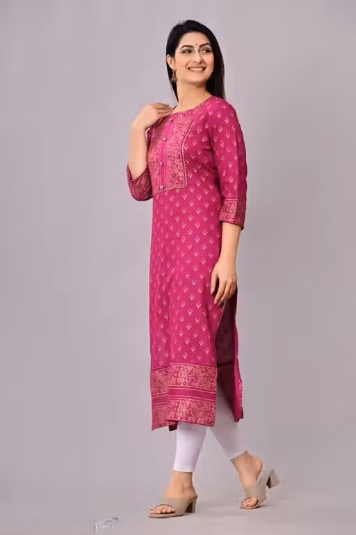 Image of Women's Printed Straight Kurta, 3 /4 Sleeves, Round Neck, Ethnic Floral Print, Casual Wear