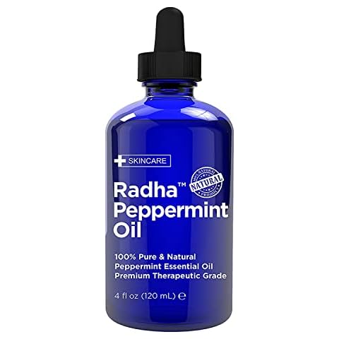 Radha Beauty Peppermint Essential Oil 4 oz - 100% Pure & Therapeutic Grade, Steam Distilled for Aromatherapy, Fresh Minty Scent, Focus, DIY Projects, Candles, Sprays and Fragrance Cover