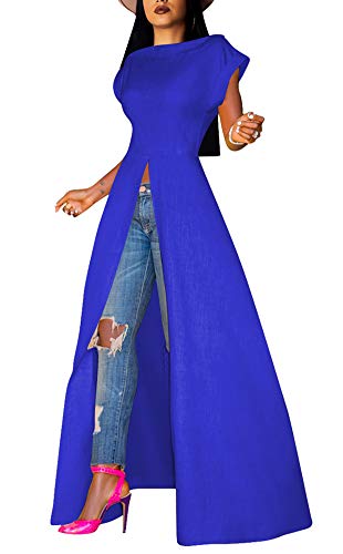 Womens Casual Crew Ncek Short Sleeve Jumpsuits Solid Open Front Split Wide Leg Jumpsuit Rompers Blue L