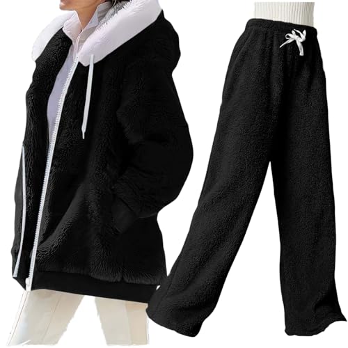 YCBMINGCAN Traje de casa para mujer, de invierno, mullido, 2 piezas, con capucha y pantalón, forro polar cálido, de dos piezas, para el tiempo libre, pierna ancha, Negro , 4XL