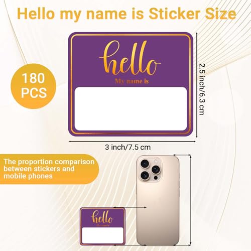 Image of 180 PCS Hello My Name is Name Tag, Gold Foil Name Tags Sticker, 2.5 x 3 Inch Large Name Labels, Purple Adhesive Name Tag Labels for Business, Party - Office, School, Home