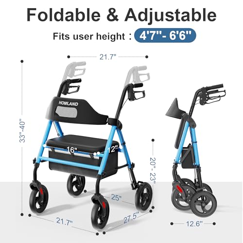 Image of HOMLAND Foldable Rollator Walker with Seat for Seniors, 16 inch Enlarged Seat | 8 inch Big Wheels, 16 inchx12 inchx1.9 inch Thick Padded Seat, Adjustable Seat & Handle Height, Tool-Free Assembly, All Terrain Mobility Aid