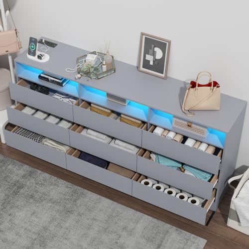 Image of Loomie 63 inch Wide 9 Drawer Dresser for Bedroom with LED Lights & Power Outlet