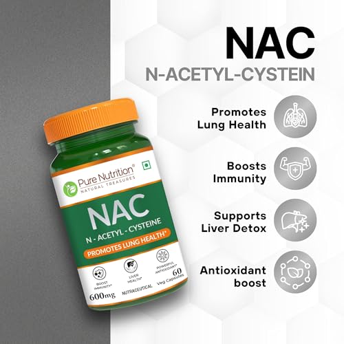 Image of Pure Nutrition NAC (N-Acetyl L-Cysteine) 600mg - 60 Veg Capsules | Powerful Antioxidant Support for Immunity, Lung & Respiratory Health | Enhances Liver Detox, Reduces Oxidative Stress, Boosts Cellular Health for Men & Women
