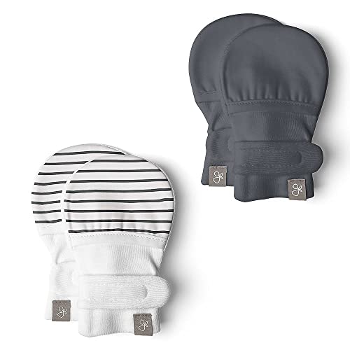 Image of Goumi Baby Mitts, Anti-Scratch Newborn Mittens, Organic Soft Stay-On Mitts, Prevents Scratching (0-3 Months, Stripe Gray + Midnight)