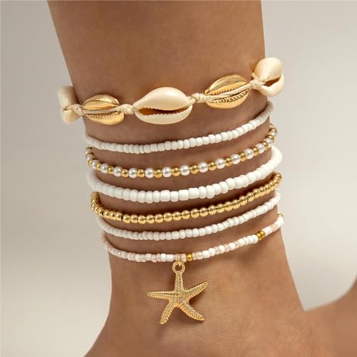 Image of Shell Anklets Bracelet for Women Waterproof Surfer Starfish Bracelet Puka Shell Anklet Colorful Boho Stack Stretch Bead Bracelet Set Hawaii Summer Beach Vacation Foot Jewelry