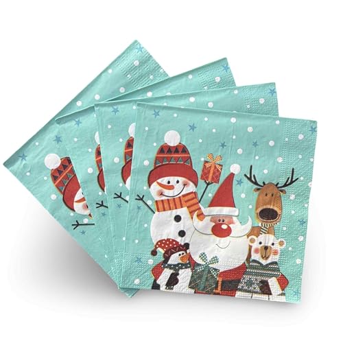 Kids Christmas Paper Napkins 3-Ply 33x33cm 20 Pack Festive Snowman and Reindeer Design White Red Grey Winter Holiday Theme