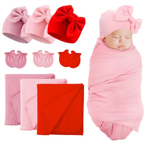 Image of BQUBO Newborn Receiving Blankets Cotton Warm Sleepsack with Mittens & Bow Hats Hospital Baby Swaddling Shower Gift