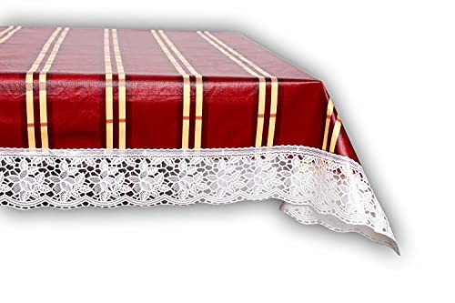 Image of The Furnishing Tree Waterproof PVC Rectangle Shaped 12 Seater Table Cover WxL 60x140 inches Plaid Pattern Red with White Border lace