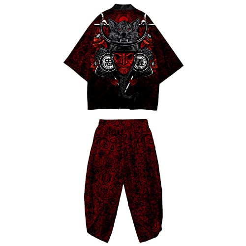 Image of DOSLAVIDA Men's Japanese Kimono Jacket Set Stylish Open Front Coat With Shorts Chinese Style Printed Cardigan Suit