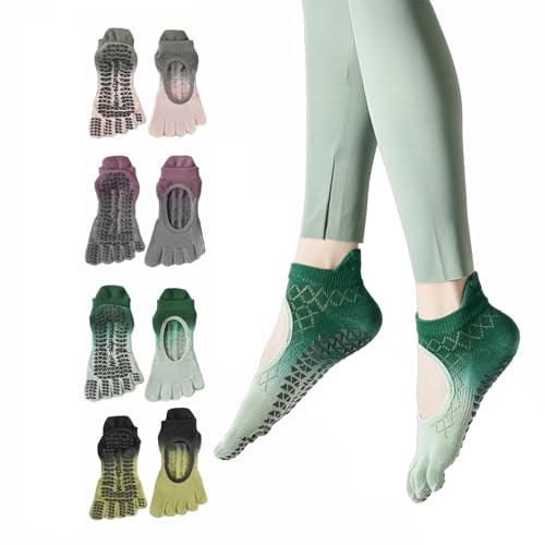 4 Pairs Women’s Non-Slip Yoga Socks, Five-Toe Pilates Socks with Grip for Workout, Jump Rope, Dance, Gym, Barre, Fitness