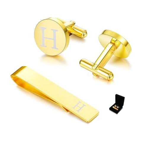 Diamday Cuff Links and Tie Clips Set Personalized Cufflinks for Men Gold Initial Cufflinks Men's Link Shirt Studs Tie Letter Tie Clips and Cufflinks for Men Set Gift with Box for Him Cover