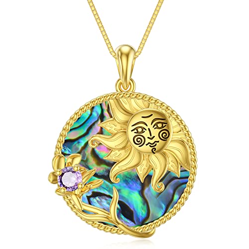 Toupop Two Side Moon Star Necklace Aquarius Zodiac Sign Pendant Violet Flower Necklace Birth Flower Necklace With Amethyst Birthstone Abalone Shell Jewelry Christmas Birthday Gift For Women Girl Daughter #TOP3