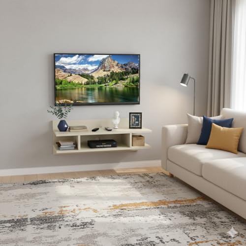 Image of Engineered Wood Set Top Box Stand | Wall Mounted TV Unit Shelf for Router, WiFi, DVD, Gaming Console | Sturdy & Space Saving TV Accessory Organizer (Brown, 50 x 20 x 15 cm) (Cream)