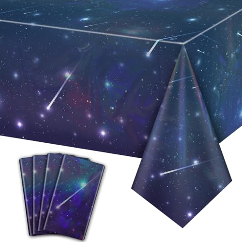 QUERICKY 4 Pack Space Galaxy Party Tablecloths, Starry Night Iridescent Tablecover Supplies, 130x220cm Galaxy Holographic Table Cover for Outer Space Theme Party Decorations Kids Birthday Party Decor