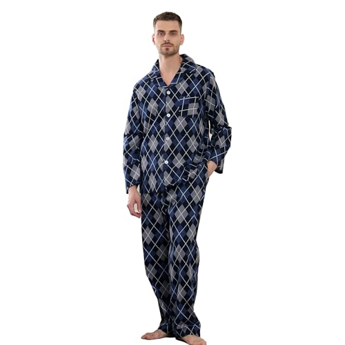 Vulcanodon Men 100% Cotton Pajama Set, Soft Warm Button Down Pajama Sets for Men Comfy Plaid Fun Prints Lounge With Pockets