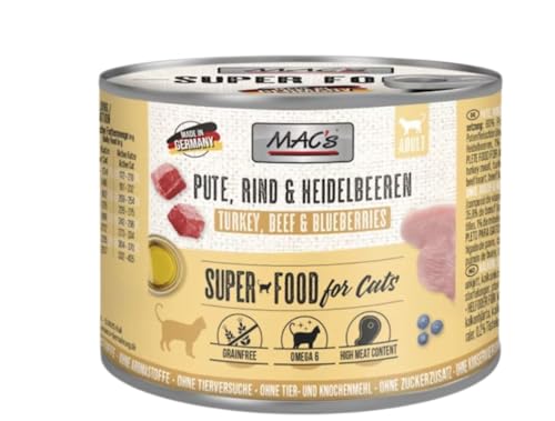 Mac's Katzenfutter Pute, Rind & Heidelbeere, Nassfutter Dosen 6x200g, getreidefrei