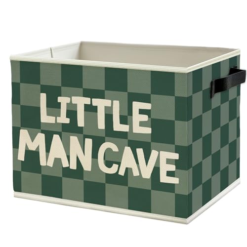 Image of Little Man Cave Boys Storage Bins Box with Handles, Green Checkered Pattern Collapsible Basket Organizer for Kids Boys Playroom Nursery Room Bedroom Bathroom Books Clothes
