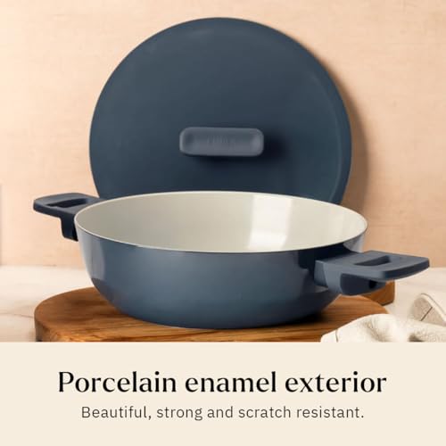Image of Ember Cookware Arcilla Ceramic Non Stick Cookware Set of 2 | Frying Pan 24 cm & Kadai 2.6 Litre with Metallic Lid | 75% Less Oil | ISI Certified | Non Toxic Ceramic Cookware | Gift Set of 2 | Blue