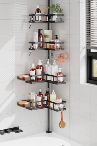 YASONIC Corner Shower Caddy Tension Pole 25.7-109.1in Adjustable Shower Shelves Rust-Resistant Shower Organizer No-Drill 3-Step Installation Bathroom Shelves for Renters & Family Black