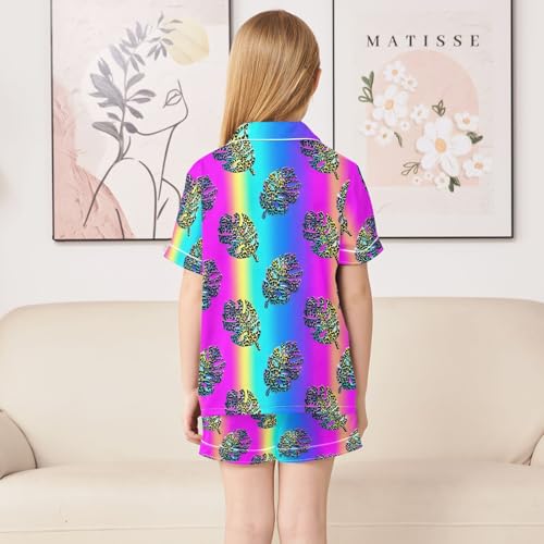 Turtle Shell Leaf Pattern Pajamas Sets Short Sleeve Silk Stain Pjs Button Down Sleepwear for 5-14Y4