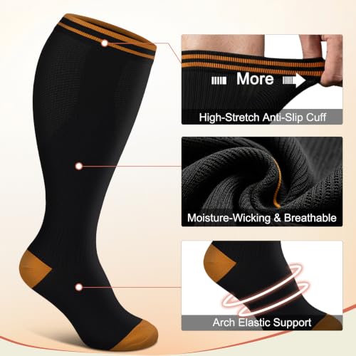 Image of Diu Life 3 Pairs Plus Size Compression Socks for Women and Men Wide Calf Extra Knee High Support for Circulation