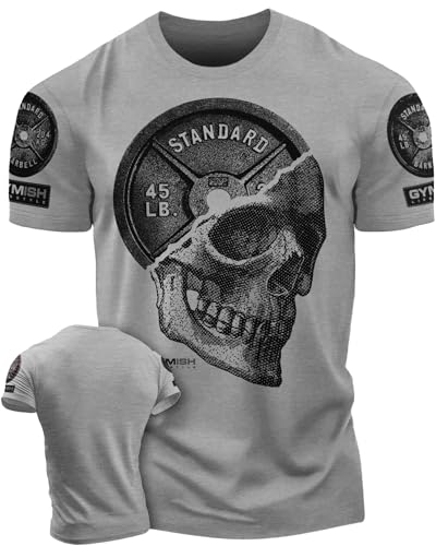 Gymish Lifestyle Skull Plate Gym Shirt for Men, Deadlift Weightlifting Tee | Graphic top, 60-40 cotton poly blend, athletic fit, powerlifting, bodybuilding, strength training, barbell, gift for lifters