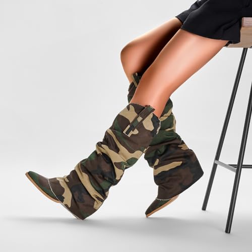 Saint Leia Women's Fashion Pleated Fold Over block heel mid calf boots Casual Ruched Covered Wedge Pointed Toe Knee High Boots 6