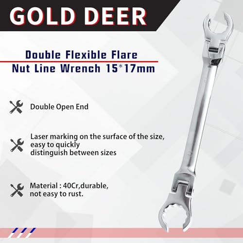 Image of Flex Head Flare Nut Wrench 15 * 17mm Metric Double Flexible Flare Nut Line Wrench Flex Tools 40Cr for Automotive Repairs Plumbing Repairs